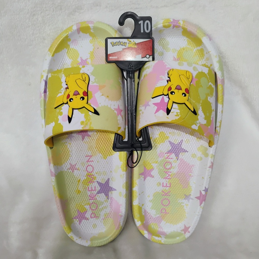 Pokemon Pikachu Ground Up Slide Sandals Yellow Pink Stars Women Size 10 NEW
